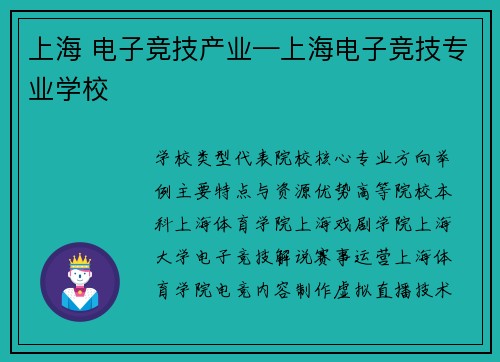上海 电子竞技产业—上海电子竞技专业学校